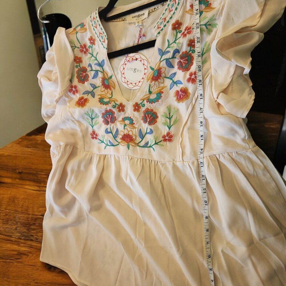 Umgee Embroidery Notched Double Ruffle Sleeve Blouse - Picture 11 of 11
